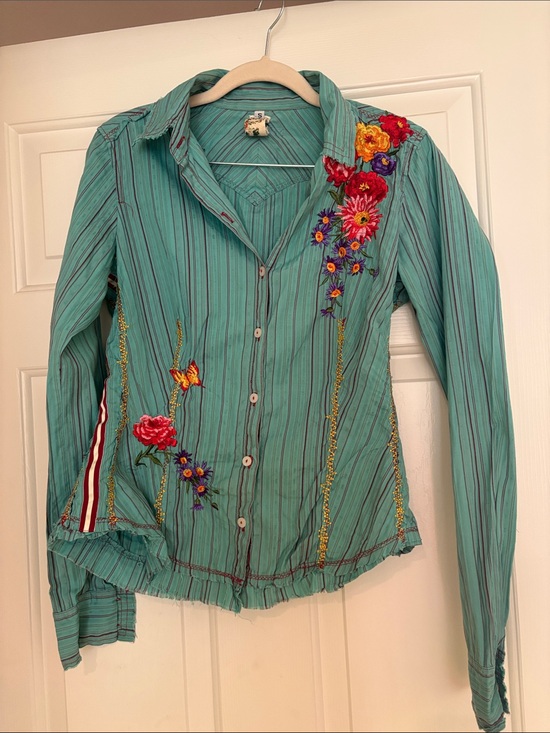 Anthropologie Jackets & Blazers - Workshop Embroidered Teal Striped Button-Up Shirt Jacket